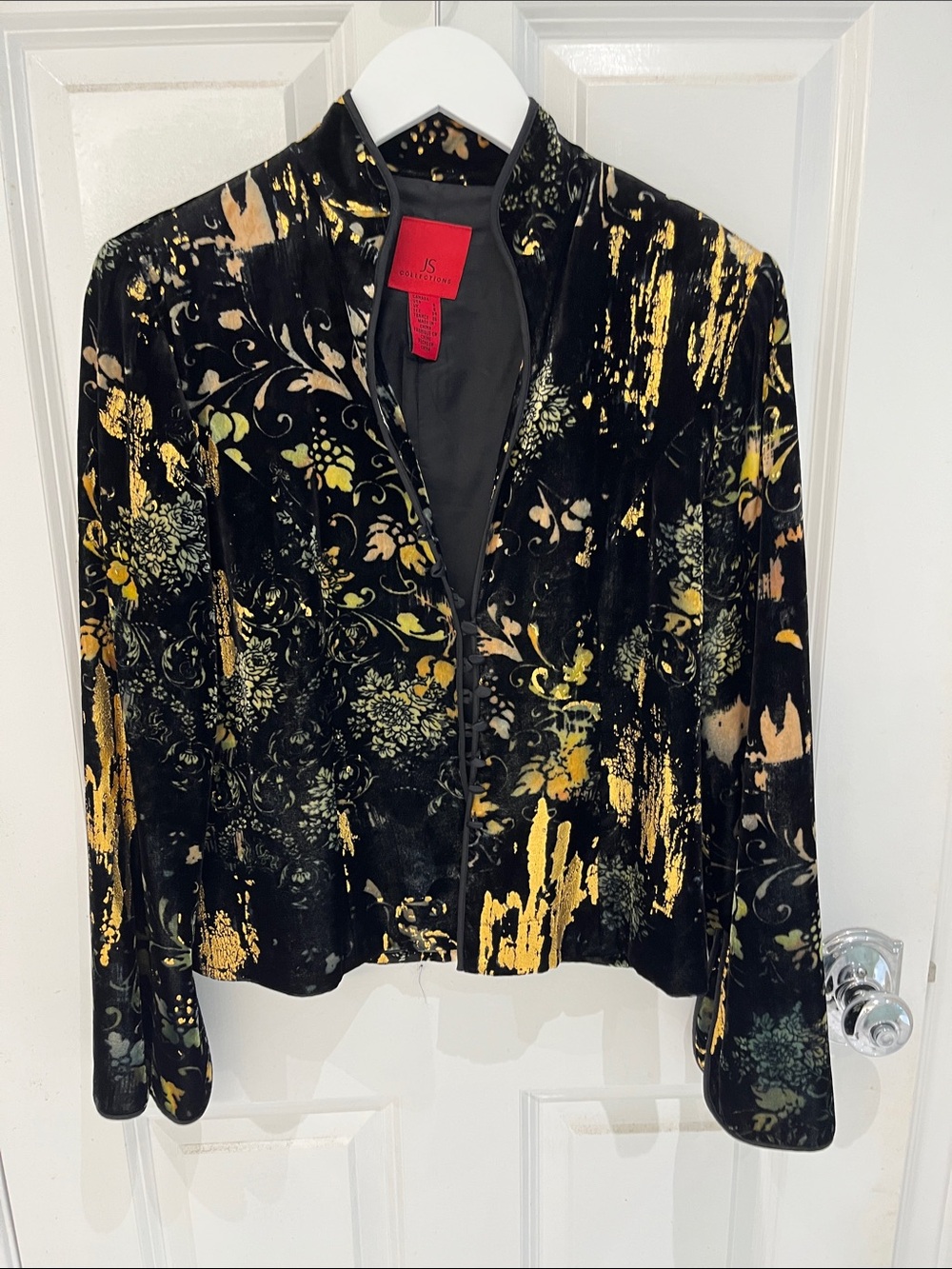 JS Collections Black Velvet Blazer with Gold and Green Floral Accents